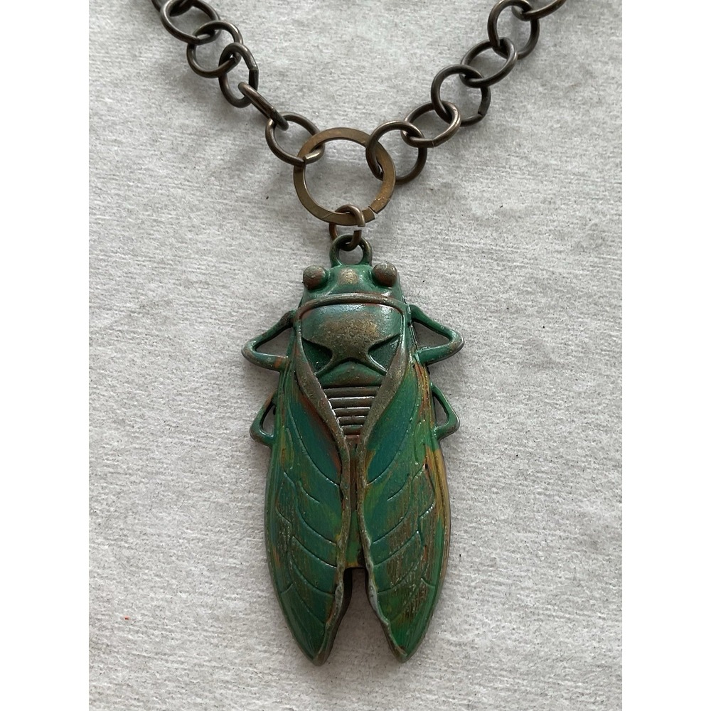 Vintage Cicada Necklace Aged Green Patina Large Beetle Estate Jewelry